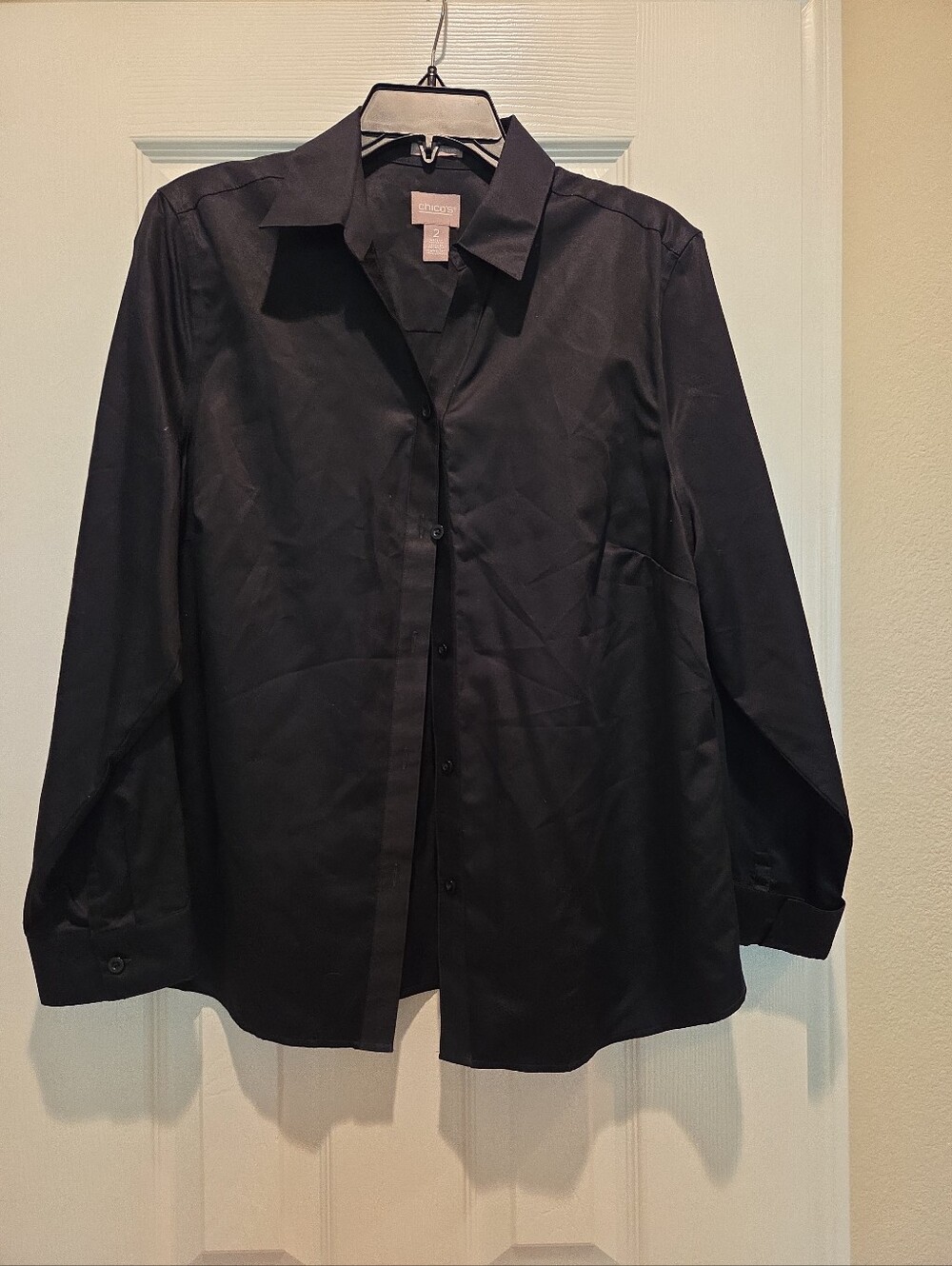 Chico's Button Down Shirt Women L Shiney Black Cotton No Iron